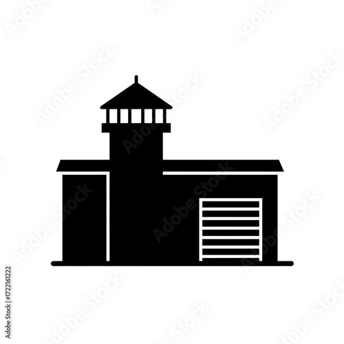 Prison building silhouette guard tower garage door security concept