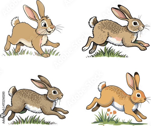 Cartoon rabbits, dynamic poses, cute animals, bunny illustration, spring theme, wildlife playful characters, vector art, hopping, crouching, running, leaping