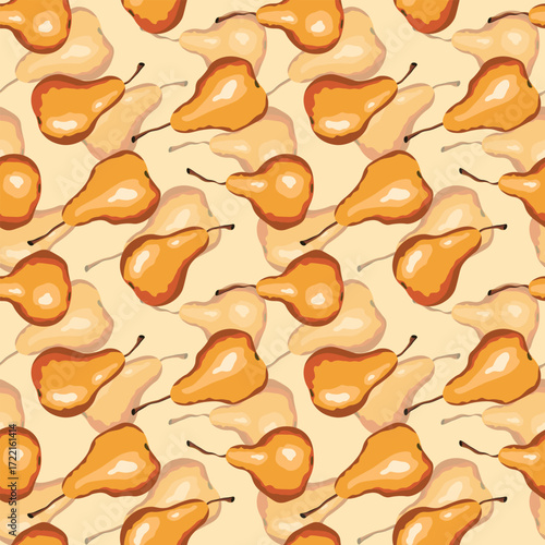Seamless pattern with pear on color background. Natural delicious fresh ripe tasty fruit. Sweet pears with leaves. Food concept. Vector illustration for print, fabric, textile.