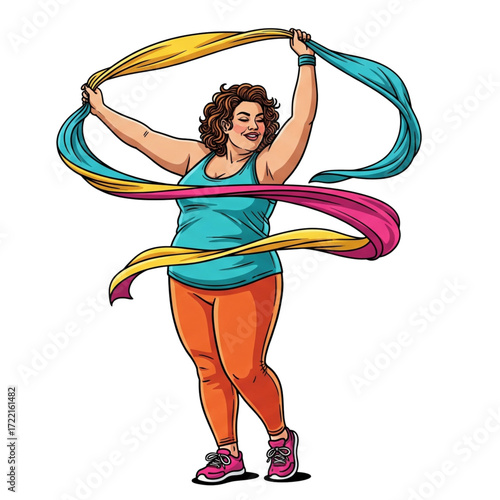 Happy plus-size woman celebrating body positivity by dancing with a ribbon