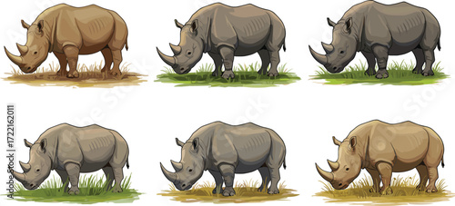 Cartoon rhinoceros illustration set, grazing and standing poses, textured skin detail, animal anatomy sketch, nature drawing, wildlife character design, ground variation