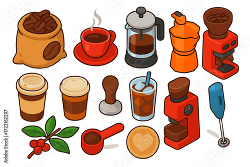 Isometric Coffee Icons. Isometric vector illustration set Coffee culture: roasted beans sack, steaming espresso cup, French press,