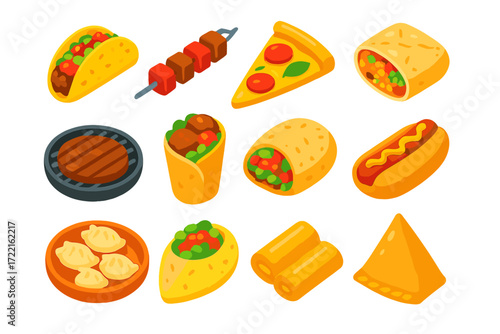 Vibrant Street Food Icons. Isometric vector illustration set Street food favorites: taco with salsa, kebab skewer, pizza slice