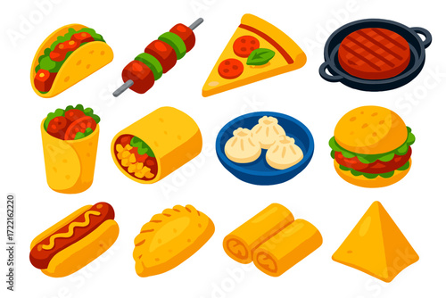 Vibrant Street Food Icons. Isometric vector illustration set Street food favorites: taco with salsa, kebab skewer, pizza slice