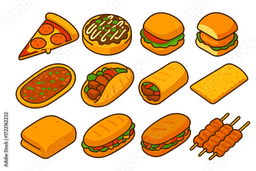 Global Street Food. Isometric vector illustration set Global street eats: New York pizza slice, Japanese okonomiyaki, Mexican