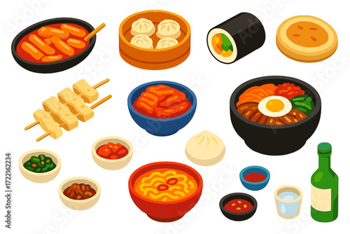 Korean Street Food Icons. Isometric vector illustration set Korean street food: tteokbokki rice cakes, mandu dumplings, hotteok