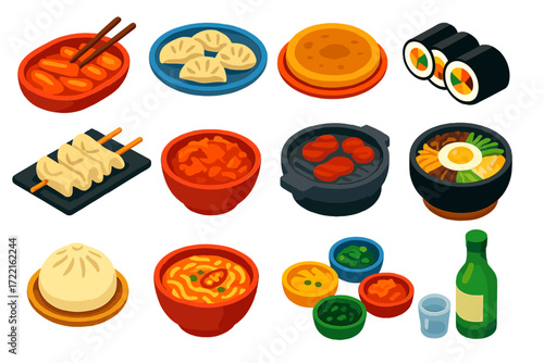 Korean Street Food Icons. Isometric vector illustration set Korean street food: tteokbokki rice cakes, mandu dumplings, hotteok