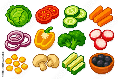 Colorful Vegetable Icons. Isometric vector illustration set Fresh vegetables: lettuce head, tomato slices, cucumber rings, carrot