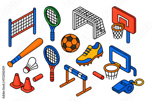 Youth Sports Equipment. Isometric vector illustration set Youth sports club: volleyball net, tennis racket, soccer goal,
