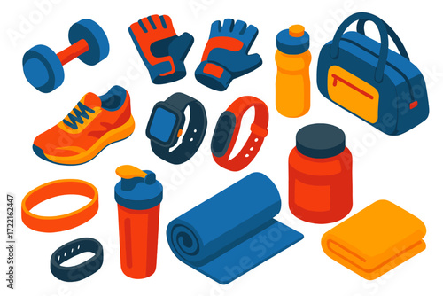 Fitness Accessories Icons. Isometric vector illustration set Fitness accessories: dumbbell, gym gloves, water bottle, sports shoes