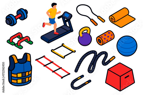 Vibrant Fitness Icons. Isometric vector illustration set Fitness training: dumbbell, treadmill run, jump rope, push-up bars,