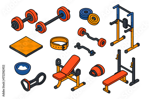 Strength Training Icons. Isometric vector illustration set Strength session: heavy dumbbell, barbell, weight plates, squat rack,