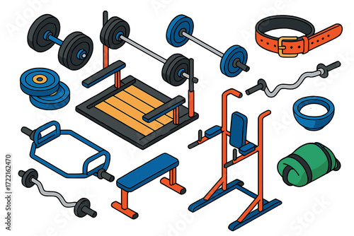 Strength Training Icons. Isometric vector illustration set Strength session: heavy dumbbell, barbell, weight plates, squat rack,