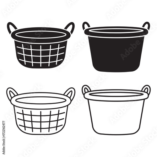 Laundry basket icon set silhouette outline vector