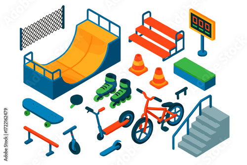 Vibrant Skate Park Icons. Isometric vector illustration set Outdoor skate park: half pipe, skateboard, inline skates, BMX bike,