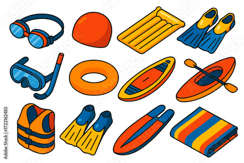 Bold Water Sports Gear. Isometric vector illustration set Water sports gear: swimming goggles, swim cap, pool float, diving fins,