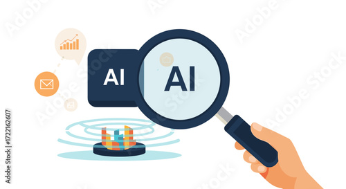 Ai data analysis with magnifying glass for machine learning and artificial intelligence research and development