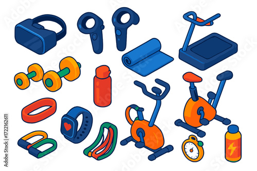 VR Fitness Icons. Isometric vector illustration set VR fitness: headset, motion controllers, treadmill platform, dumbbells, yoga