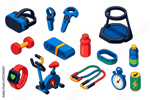 VR Fitness Icons. Isometric vector illustration set VR fitness: headset, motion controllers, treadmill platform, dumbbells, yoga