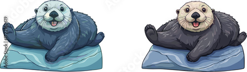 Cartoon sea otters, playful pose, animal illustration, vector art, marine wildlife, cute creatures, icy rocks, tongue out, relaxed mood, character design, ocean mammals,