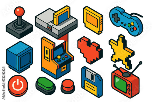 Retro Gaming Icons. Isometric vector illustration set Retro gaming: classic joystick, old console, cartridge, gamepad, CRT monitor