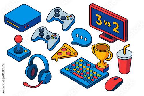 Multiplayer Gaming Icons. Isometric vector illustration set Multiplayer gaming: console, two gamepads, joystick, button icons,