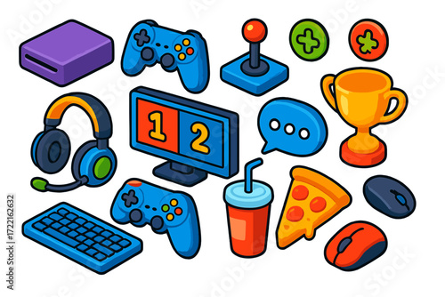 Multiplayer Gaming Icons. Isometric vector illustration set Multiplayer gaming: console, two gamepads, joystick, button icons,
