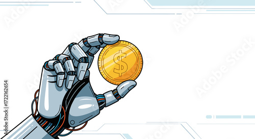 Robot hand holding gold coin illustration for cryptocurrency and blockchain technology investing concept
