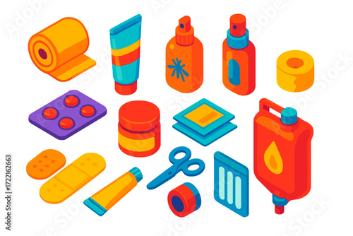 Travel Medicine Kit. Isometric vector illustration set Travel medicine kit: compact bandage roll, antiseptic gel, pain relief