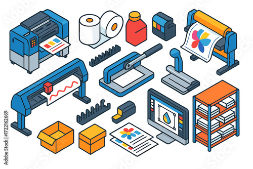 Print Shop Essentials. Isometric vector illustration set Printing shop: industrial printer, paper rolls, toner container, ink