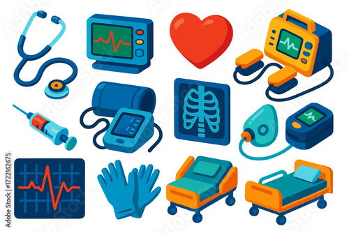 Cardiovascular Care Icons. Isometric vector illustration set Cardiovascular care: stethoscope, ECG monitor, heart icon,