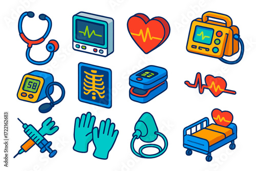 Cardiovascular Care Icons. Isometric vector illustration set Cardiovascular care: stethoscope, ECG monitor, heart icon,