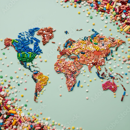 Colorful pharma world map; global pharmaceutical industry with continents made of vivid pills, capsules, tablets. High-resolution medical & healthcare themed illustration for editorial & corporate use