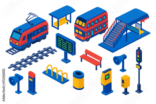 Commuter Railway Icons. Isometric vector illustration set Commuter railway: electric train, double-deck carriage, platform shelter