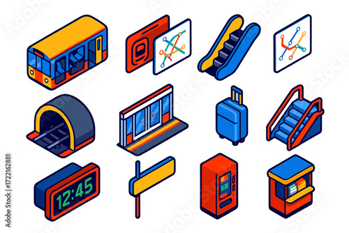 Isometric Subway Icons. Isometric vector illustration set Subway journey: metro carriage, ticket pass, subway map, escalator,