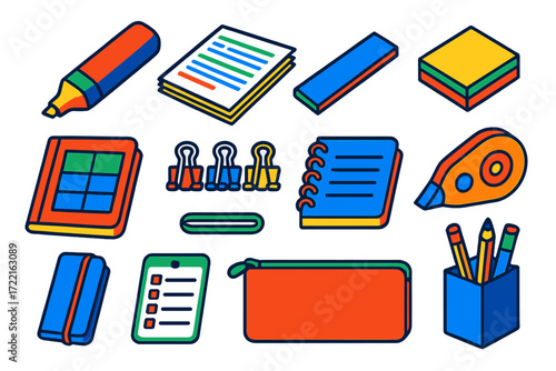Student Stationery Essentials. Isometric vector illustration set Student note taking: glow marker, lecture notes stack, underliner