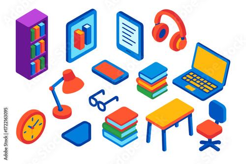 Digital Library Icons. Isometric vector illustration set Digital library: bookshelf, tablet, e-reader, headphones, laptop, reading