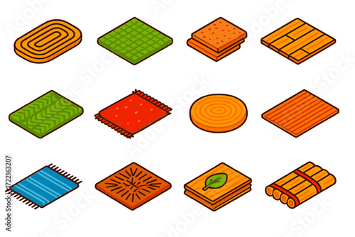 Natural Floor Icons. Isometric vector illustration set Natural Flooring: jute mat, seagrass rug, cork tiles, bamboo floor, hemp