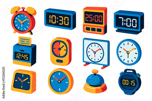 Colorful Office Timepieces. Isometric vector illustration set Office Timepieces: desk alarm, wall-mounted digital clock, countdown