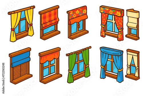 Cozy Home Windows. Isometric vector illustration set Cozy Home Windows: cotton curtain, wooden rod, checkered blinds, floral drape