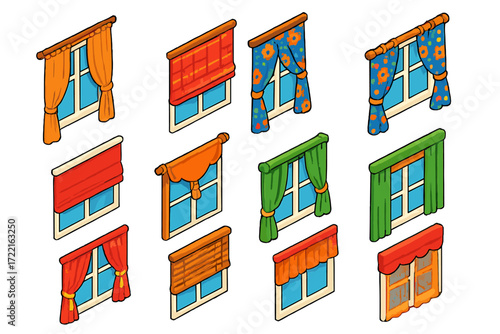 Cozy Home Windows. Isometric vector illustration set Cozy Home Windows: cotton curtain, wooden rod, checkered blinds, floral drape