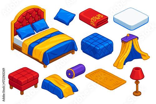 Luxury Bedding Icons. Isometric vector illustration set Luxury Bedding: king size bed, satin pillow, embroidered sheet, memory