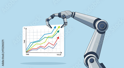Robot hand holding a graph showing growth trends financial data analysis and business performance indicators