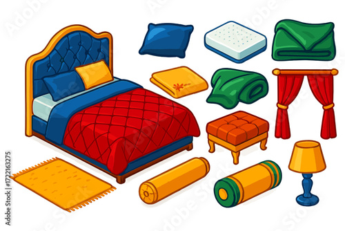 Luxury Bedding Icons. Isometric vector illustration set Luxury Bedding: king size bed, satin pillow, embroidered sheet, memory