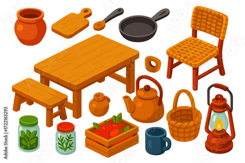 Rustic Kitchen Essentials. Isometric vector illustration set Rustic Kitchen: farmhouse table, wooden bench, wicker chair, clay pot