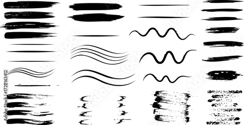 Abstract horizontal black brush strokes on white background texture design