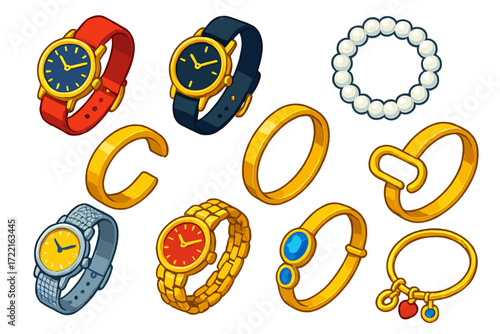 Elegant Accessory Set. Isometric vector illustration set Elegant Accessories: dress watch, satin strap, pearl bracelet, golden