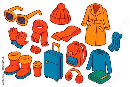 Winter Travel Essentials. Isometric vector illustration set Winter Travel Essentials: oversized sunglasses, knitted cap, fleece