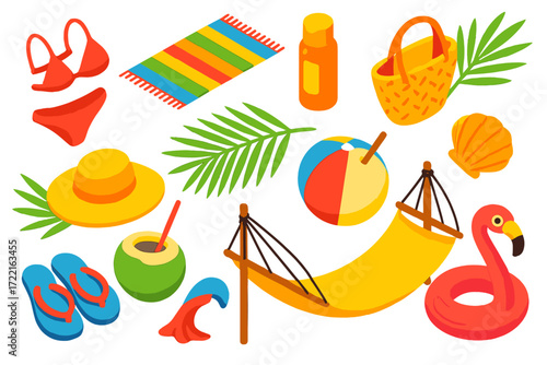 Tropical Beach Essentials. Isometric vector illustration set Tropical Beach: bikini set, colorful towel, SPF cream, straw bag,