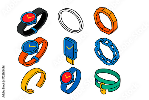Minimalist Wristwear Collection. Isometric vector illustration set Minimalist Wrist Style: simple analog watch, black leather